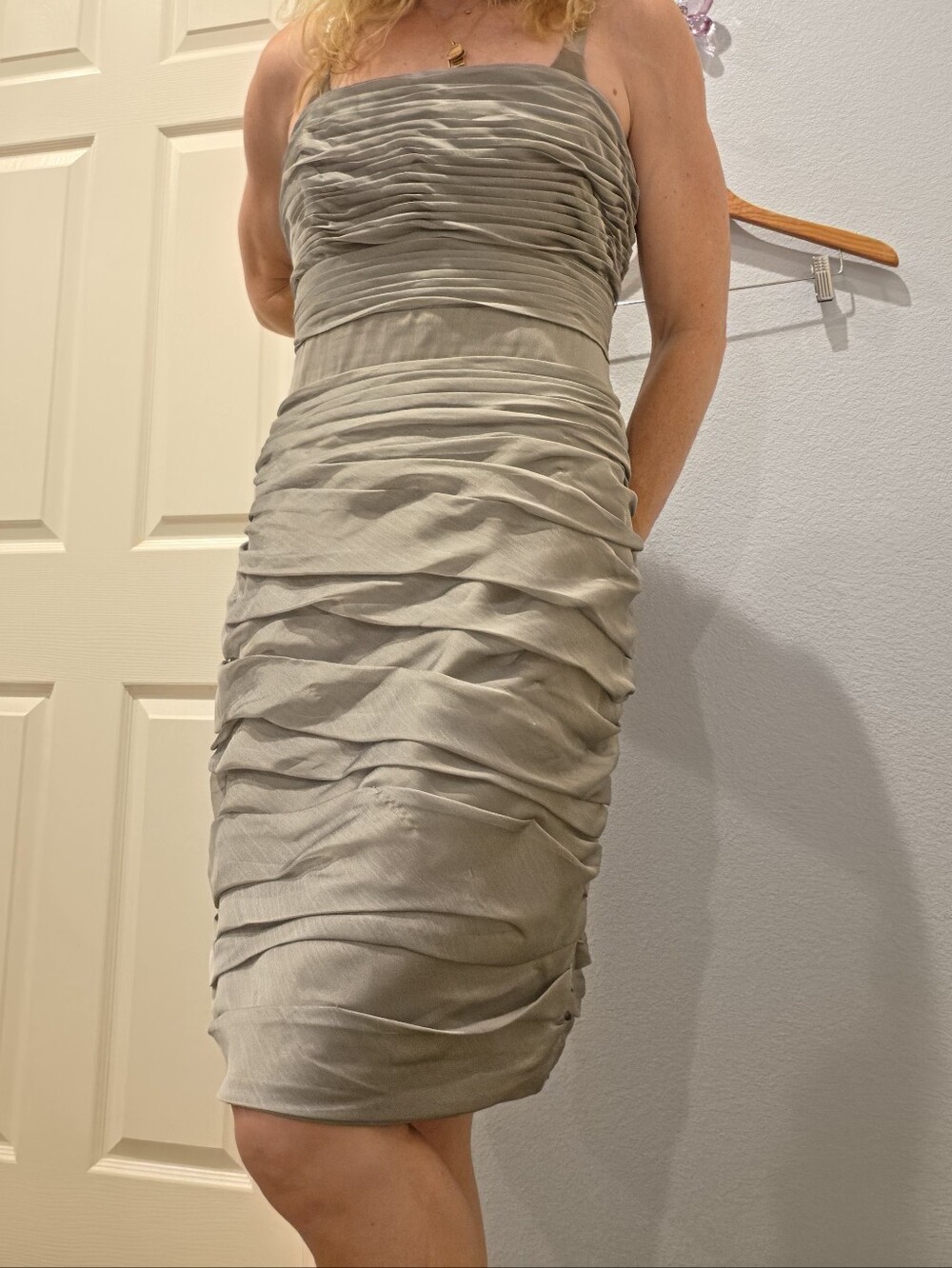 Monique Lhuillier Ruched Strapless Midi Dress in Silver Gray
